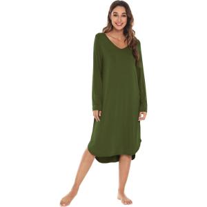 imageWiWi Bamboo Nightgowns for Women Soft Long Sleeve Sleep Shirt Sleepwear Comfy Loungewear Plus Size Nightshirts S4XAarmy Green