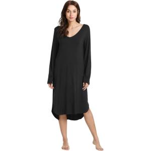 imageWiWi Bamboo Nightgowns for Women Soft Long Sleeve Sleep Shirt Sleepwear Comfy Loungewear Plus Size Nightshirts S4XAblack