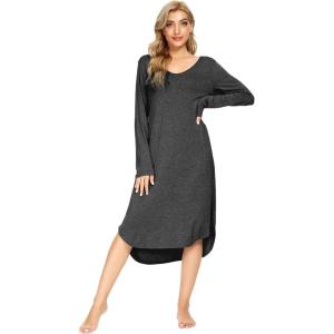 imageWiWi Bamboo Nightgowns for Women Soft Long Sleeve Sleep Shirt Sleepwear Comfy Loungewear Plus Size Nightshirts S4XAcharcoal Heather