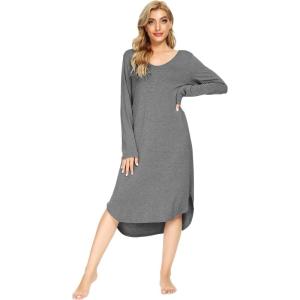 imageWiWi Bamboo Nightgowns for Women Soft Long Sleeve Sleep Shirt Sleepwear Comfy Loungewear Plus Size Nightshirts S4XAdark Heather Grey