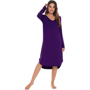 imageWiWi Bamboo Nightgowns for Women Soft Long Sleeve Sleep Shirt Sleepwear Comfy Loungewear Plus Size Nightshirts S4XAdark Purple