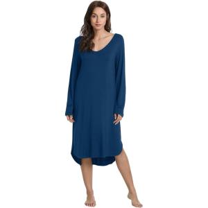 imageWiWi Bamboo Nightgowns for Women Soft Long Sleeve Sleep Shirt Sleepwear Comfy Loungewear Plus Size Nightshirts S4XAink Blue