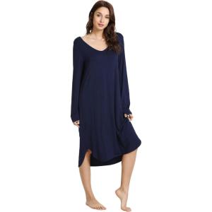 imageWiWi Bamboo Nightgowns for Women Soft Long Sleeve Sleep Shirt Sleepwear Comfy Loungewear Plus Size Nightshirts S4XAnavy