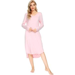 imageWiWi Bamboo Nightgowns for Women Soft Long Sleeve Sleep Shirt Sleepwear Comfy Loungewear Plus Size Nightshirts S4XApink