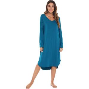 imageWiWi Bamboo Nightgowns for Women Soft Long Sleeve Sleep Shirt Sleepwear Comfy Loungewear Plus Size Nightshirts S4XAteal Blue