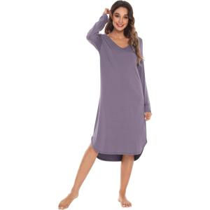 imageWiWi Bamboo Nightgowns for Women Soft Long Sleeve Sleep Shirt Sleepwear Comfy Loungewear Plus Size Nightshirts S4XAviolet