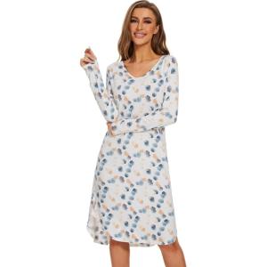 imageWiWi Bamboo Nightgowns for Women Soft Long Sleeve Sleep Shirt Sleepwear Comfy Loungewear Plus Size Nightshirts S4XAwhiteGreen Dots
