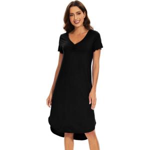 imageWiWi Bamboo Nightgowns for Women Soft Long Sleeve Sleep Shirt Sleepwear Comfy Loungewear Plus Size Nightshirts S4XBblack