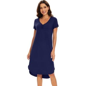 imageWiWi Bamboo Nightgowns for Women Soft Long Sleeve Sleep Shirt Sleepwear Comfy Loungewear Plus Size Nightshirts S4XBblue Depth