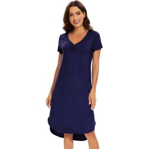 imageWiWi Bamboo Nightgowns for Women Soft Long Sleeve Sleep Shirt Sleepwear Comfy Loungewear Plus Size Nightshirts S4XBnavy