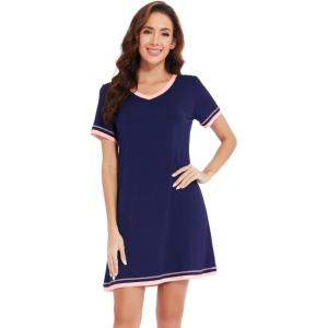 imageWiWi Bamboo Viscose Nightgowns for Women Soft Short Sleeve Sleep Nightgown Summer Lightweight Night Shirt SXXLBnavy