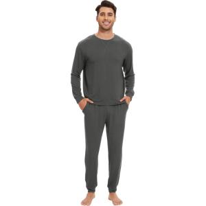 imageWiWi Mens Pajama Sets French Terry Sleepwear Long Sleeve Top and Pants Pjs with Pockets Drawstring SXXLCharcoal