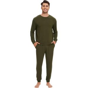 imageWiWi Mens Pajama Sets French Terry Sleepwear Long Sleeve Top and Pants Pjs with Pockets Drawstring SXXLDark Army