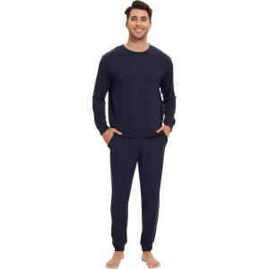 imageWiWi Mens Pajama Sets French Terry Sleepwear Long Sleeve Top and Pants Pjs with Pockets Drawstring SXXLNautical Blue