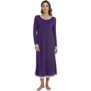 imageWiWi Nightgown for Women Long Sleeve Crewneck Sleepwear Full Length Long Nightshirt Soft Loungewear SXXLDark Purple