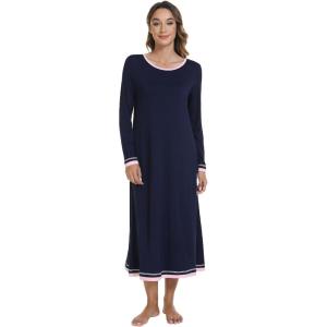 imageWiWi Nightgown for Women Long Sleeve Crewneck Sleepwear Full Length Long Nightshirt Soft Loungewear SXXLNavy