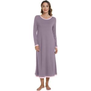 imageWiWi Nightgown for Women Long Sleeve Crewneck Sleepwear Full Length Long Nightshirt Soft Loungewear SXXLViolet