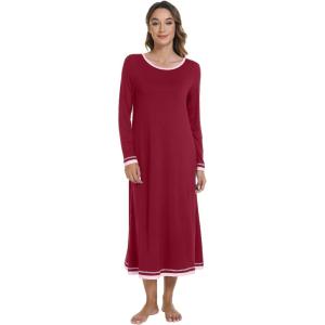 imageWiWi Nightgown for Women Long Sleeve Crewneck Sleepwear Full Length Long Nightshirt Soft Loungewear SXXLWine