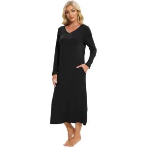 imageWiWi Nightgowns for Women Long Sleeve Loungewear Full Length Sleep Shirt Sleepwear Comfy Nightshirts with Pocket SXXLBlack