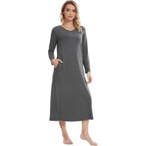 imageWiWi Nightgowns for Women Long Sleeve Loungewear Full Length Sleep Shirt Sleepwear Comfy Nightshirts with Pocket SXXLDark Heather Grey
