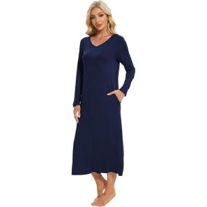 imageWiWi Nightgowns for Women Long Sleeve Loungewear Full Length Sleep Shirt Sleepwear Comfy Nightshirts with Pocket SXXLNavy