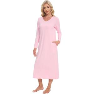 imageWiWi Nightgowns for Women Long Sleeve Loungewear Full Length Sleep Shirt Sleepwear Comfy Nightshirts with Pocket SXXLPink