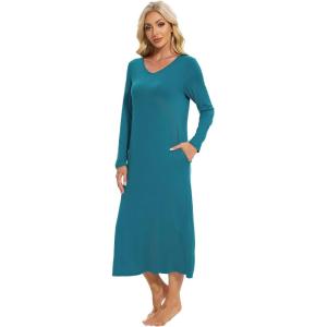 imageWiWi Nightgowns for Women Long Sleeve Loungewear Full Length Sleep Shirt Sleepwear Comfy Nightshirts with Pocket SXXLTeal Blue