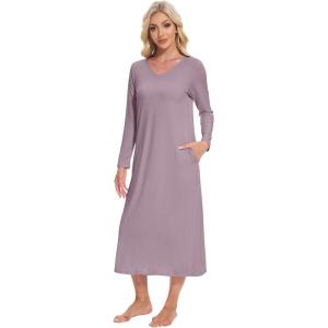 imageWiWi Nightgowns for Women Long Sleeve Loungewear Full Length Sleep Shirt Sleepwear Comfy Nightshirts with Pocket SXXLViolet