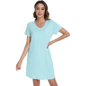 imageWiWi Nightgowns for Women Short Sleeve Sleepshirt Pajama Shirt Viscose from bamboo Soft Sleep Dress Vneck Nightshirt SXXLAaqua