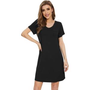 imageWiWi Nightgowns for Women Short Sleeve Sleepshirt Pajama Shirt Viscose from bamboo Soft Sleep Dress Vneck Nightshirt SXXLAblack