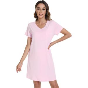 imageWiWi Nightgowns for Women Short Sleeve Sleepshirt Pajama Shirt Viscose from bamboo Soft Sleep Dress Vneck Nightshirt SXXLApink