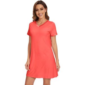 imageWiWi Nightgowns for Women Short Sleeve Sleepshirt Pajama Shirt Viscose from bamboo Soft Sleep Dress Vneck Nightshirt SXXLCcoral
