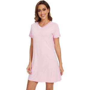 imageWiWi Nightgowns for Women Short Sleeve Sleepshirt Pajama Shirt Viscose from bamboo Soft Sleep Dress Vneck Nightshirt SXXLCpink