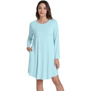 imageWiWi Nightgowns for Women Sleep Dress Soft Long Sleeve Curved Hem Nightgown with PocketsViscose from Bamboo SXXLAqua