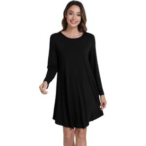 imageWiWi Nightgowns for Women Sleep Dress Soft Long Sleeve Curved Hem Nightgown with PocketsViscose from Bamboo SXXLBlack