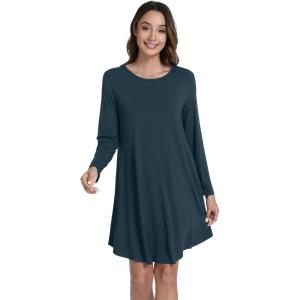 imageWiWi Nightgowns for Women Sleep Dress Soft Long Sleeve Curved Hem Nightgown with PocketsViscose from Bamboo SXXLDeep Teal