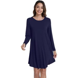 imageWiWi Nightgowns for Women Sleep Dress Soft Long Sleeve Curved Hem Nightgown with PocketsViscose from Bamboo SXXLNavy