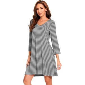 imageWiWi Nightgowns for Women Soft Long Sleeve Nightgown Plus Size Sleep Shirt Pajama Gown Viscose from Bamboo S4XAheather Grey Stripe
