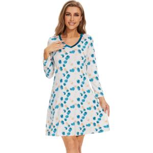 imageWiWi Nightgowns for Women Soft Long Sleeve Nightgown Plus Size Sleep Shirt Pajama Gown Viscose from Bamboo S4XAwhiteTeal Blue Dots