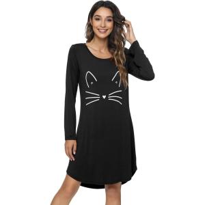 imageWiWi Nightgowns for Women Soft Long Sleeve Nightgown Plus Size Sleep Shirt Pajama Gown Viscose from Bamboo S4XBblackCat