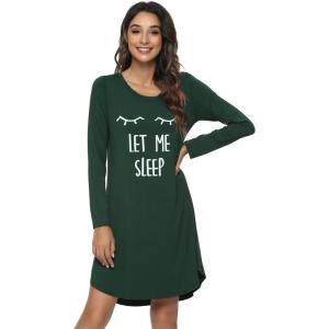 imageWiWi Nightgowns for Women Soft Long Sleeve Nightgown Plus Size Sleep Shirt Pajama Gown Viscose from Bamboo S4XBdeep GreenEye