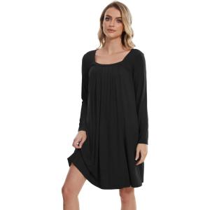 imageWiWi Nightgowns for Women Square Neck Long Sleeve Night Gowns Viscose from Bamboo Soft Night Shirt Pajamas SXXLBlack