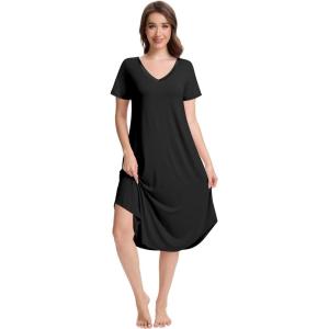 imageWiWi Nightgowns for Women Viscose from Bamboo Nightshirts Short Sleeve Nightshirt Sleep Gowns Loungewear Nightdress SXXLBlack