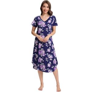 imageWiWi Nightgowns for Women Viscose from Bamboo Nightshirts Short Sleeve Nightshirt Sleep Gowns Loungewear Nightdress SXXLDark NavyPurple Floral