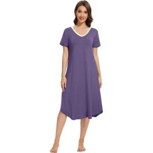 imageWiWi Nightgowns for Women Viscose from Bamboo Nightshirts Short Sleeve Nightshirt Sleep Gowns Loungewear Nightdress SXXLLavender