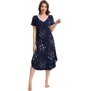 imageWiWi Nightgowns for Women Viscose from Bamboo Nightshirts Short Sleeve Nightshirt Sleep Gowns Loungewear Nightdress SXXLNavy Stars