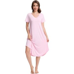 imageWiWi Nightgowns for Women Viscose from Bamboo Nightshirts Short Sleeve Nightshirt Sleep Gowns Loungewear Nightdress SXXLPink