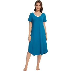 imageWiWi Nightgowns for Women Viscose from Bamboo Nightshirts Short Sleeve Nightshirt Sleep Gowns Loungewear Nightdress SXXLTeal Blue