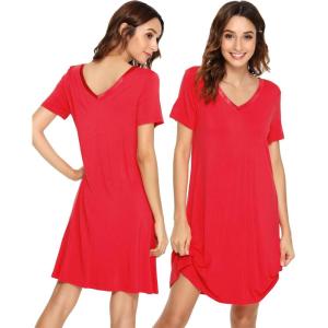 imageWiWi Soft Nightgowns for Women Viscose from Bamboo Sleep Shirts Plus Size Pajamas Short Sleeve Sleepwear S4XAbright Red