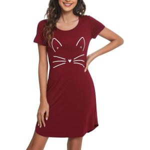 imageWiWi Soft Nightgowns for Women Viscose from Bamboo Sleep Shirts Plus Size Pajamas Short Sleeve Sleepwear S4XBwine Cat